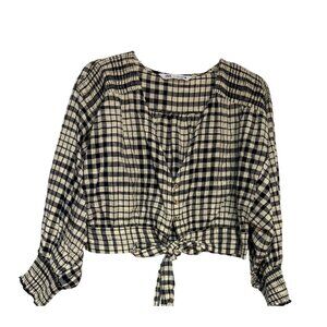 Zara Womens Large Plaid Checkered Cotton Blouse With Tie Front & Long Sleeves